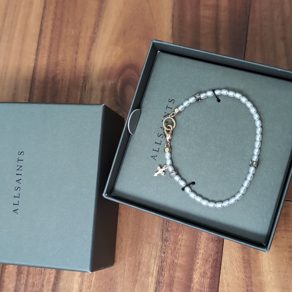 All Saints Faux Pearl Crystal Cross Flex Bracelet and Dust Bag New in Box ❤️